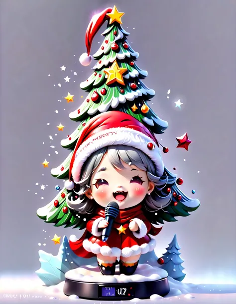 chalk gray style, ((Personification，1 glowing magical cute Christmas tree wearing a Santa hat and scarf))，((Singing with a microphone)), (((Many syllable symbols are floating in the air)))，Christmas elements，Snowy days，8K,Irridescent color, kawaii, cute bi...