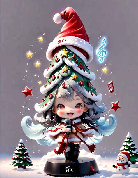 chalk gray style, ((Personification，1 glowing magical cute Christmas tree wearing a Santa hat and scarf))，((Singing with a microphone)), (((Many syllable symbols are floating in the air)))，Christmas elements，Snowy days，8K,Irridescent color, kawaii, cute bi...