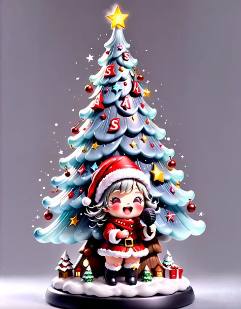 chalk gray style, ((Personification，1 glowing magical cute Christmas tree wearing a Santa hat and scarf))，((Singing with a microphone)), (((Many syllable symbols are floating in the air)))，Christmas elements，Snowy days，8K,Irridescent color, kawaii, cute bi...