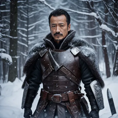 50 years old，Hidetoshi Nakata ，（Kogoro Mouri 1.3), a man in winter armor, tong, mustache, little beard, full body, winter armor fantasy, cinematic scene, wallpaper picture, great quality, masterpiece, 4k hd, 8k hd