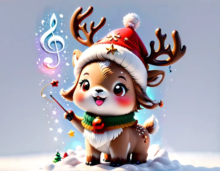 ((1 glowing magical cute reindeer wearing a Christmas hat and scarf))，((Singing with a microphone)), (((Many syllable symbols are floating in the air)))，Christmas elements，Snowy days，8K,Irridescent color, kawaii, cute big breasts, number art, high qulity, ...