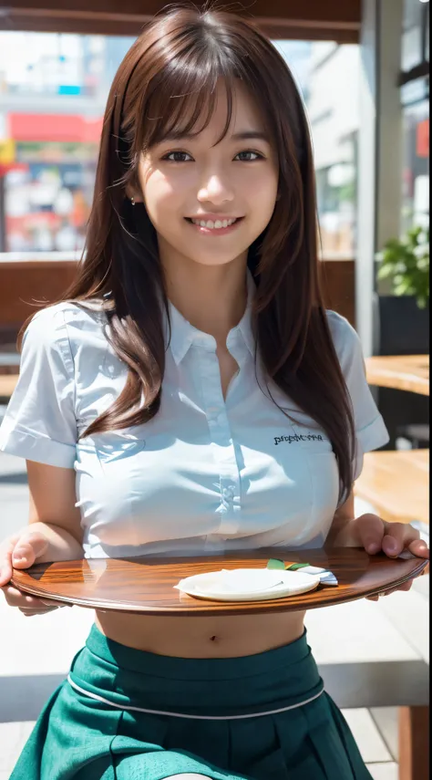 (Best Quality, Masterpiece, Photo realistic, Ultra Detailed, ultra high res, raw:1.3), (1girl, pretty Japanese), (smile), (shirt), (breasts on tray, round tray:1.3), mini-skirt, cafe, bangs,