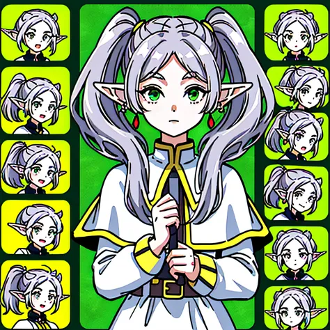 1girl, ((frieren)), ((showing neck and above)), long hair, twintails, (green eyes:1.3), grey hair, pointy ears, elf, horizontal striped shirt, long sleeves, jewelry, earrings, white capelet, ((9 grid)), ((9 emoji packs)), 9 poses and expressions, different...