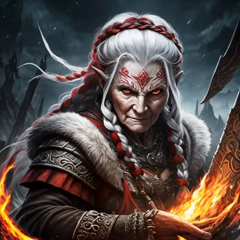 Berserker, Barbarian old woman,  Arte de Fantasia, of his gaze alone enemies beginning to panic, one head, devilish smile, besta do inferno, demonio, White Fire Sky, guerreira, com foice e escudo, lindo, old womans, Werelion, Long red braided hair, olhos d...