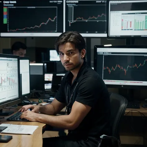 A photograph depicting a trader sitting at a desk in a bustling trading floor. They are surrounded by computer monitors displaying stock charts and financial data. The trader is calmly observing the screens, studying the fluctuations in prices with a deter...