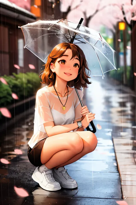 sam yang,
1girl, animal, bird, blurry, blurry background, brown eyes, brown hair, cherry blossoms, dog, full body, holding, holding umbrella, jewelry, looking up, medium hair, necklace, rain, shiba inu, shoes, short sleeves, smile, sneakers, solo, squattin...