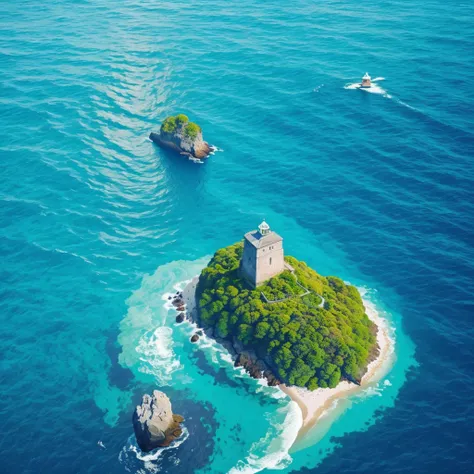 A lonely stone island with turquoise sea, the lonely stone island is in the sea, No meio da imagem, island is subject in the center, ilha como sujeito, lonely stone island in a blue sea, Rocha, Ilha Rochosa, a lonely island in the sea, 2d illustration