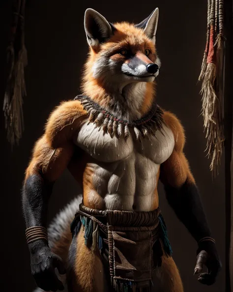 sweat drops, photography, (cool posing:1.1025), , ultra realism shading, anthro, red,yellow, white,((flying fox)), photorealistic, nude, suggestive, (rembrandt:1.1025), huge pecs, tribal, warrior, biceps, (loincloth:1.05), tiny small waist, slim hunk, nsfw...