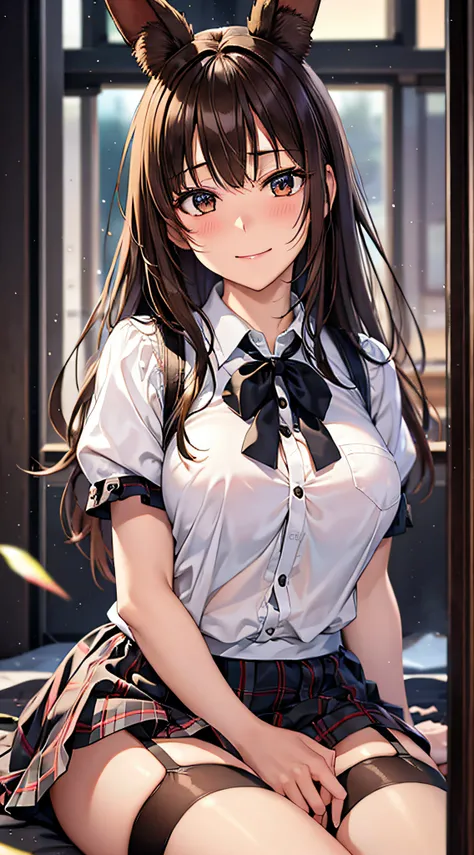 ((masutepiece, Best Quality, hight resolution, nffsw, Perfect Pixel, 4K, nffsw, nffsw))), 1girl in, Single, Solo, Beautie、full body seen、 ((Middle Wave Hair, Bangs, Brown hair)), ((Brown-eyed, Beautiful eyelashes, Realistic eyes)), ((Detailed face, Blushin...