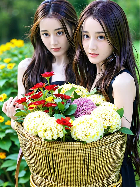 1girl, preety,, beautiful, dilraba, red hair, long hair, purple eyes, in garden, hold bucket of flower