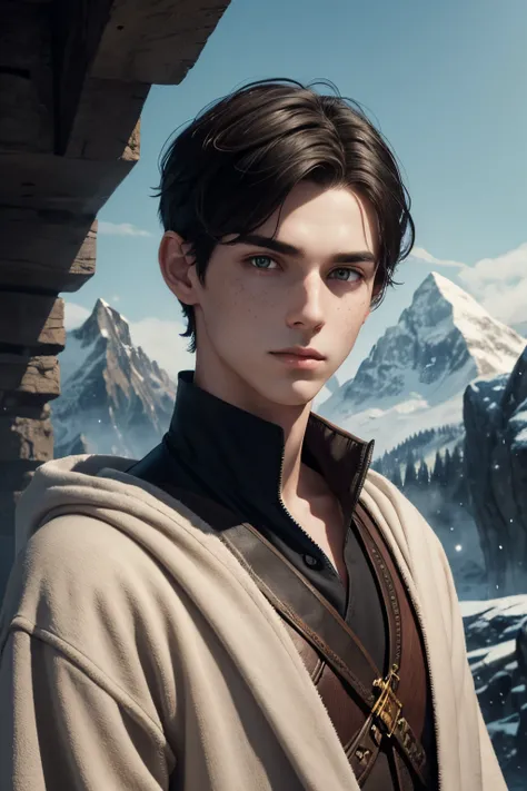 An young male illusionist. Fantasy setting. Very short hair. Short haircut. Dark-brown hair with a undercut. Very pale skin with freckles and liverspots. Round soft face. Round soft chin. Round soft cheeks. Curved lips. Long wide nose. Dark brown eyes. Upt...