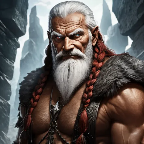 Berserker, Barbarian old man,  Arte de Fantasia, of his gaze alone enemies beginning to panic, one head, devilish smile, besta do inferno, demonio, White Fire Sky, guerreira, com foice e escudo, lindo, old mans, Werelion, Long red braided hair, olhos doura...