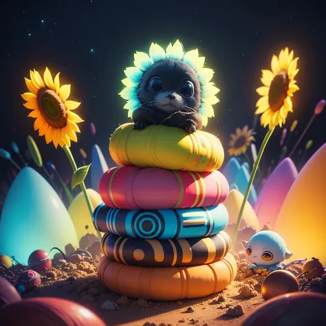 "Sunflower. in a pile of "E.T" and "E.T" canes, steven spielberg, cute colorful, digital painting, cute detailed digital art, hyper colorful, neon coloring, cute digital art, beeple colors, colorful hd picure, beeple and jeremiah ketner, glowing lights! di...