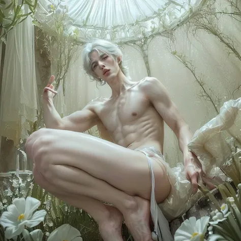 (masterpiece, best quality, dreamlike, hyperrealistic, 4k, 1boy:1.35), (Prince Narcissus is a beautiful royal translucent albino lithe slender androgynous male parasitic flower, Prince of Flowers, narcissistic vain squeamish haughty overflown with scorn an...