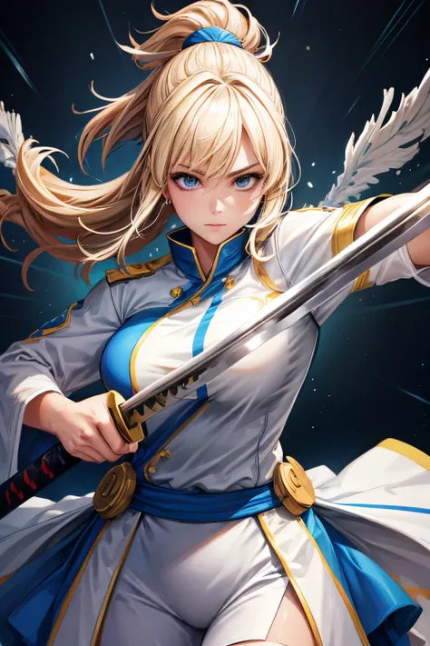 a blonde woman cheerleader with an energetic movement, holding a katana, depicted in an illustration style with high contrast. t...