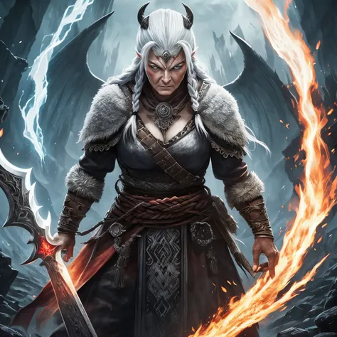 Berserker, Barbarian old woman,  Arte de Fantasia, of his gaze alone enemies beginning to panic, one head, devilish smile, besta do inferno, demonio, White Fire Sky, guerreira, com foice e escudo, lindo, old womans, Werelion, Long red braided hair, olhos d...