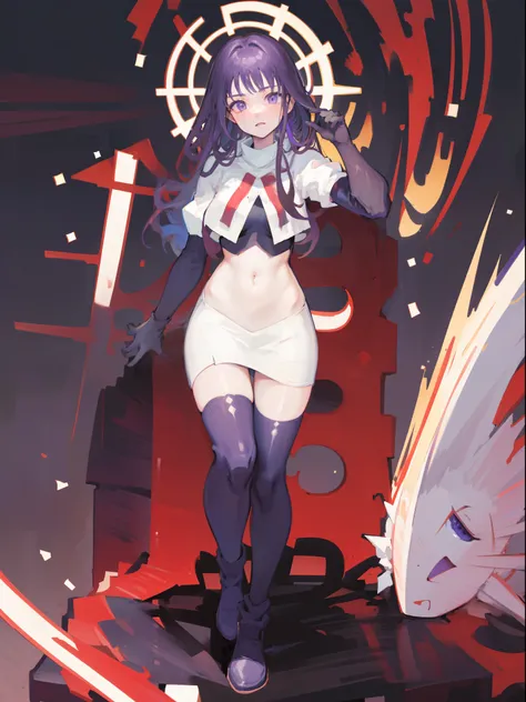 (Highest quality，Masterpiece，8k)，((Pale skin))，1girll，Solo Woman，((Genshin_impact，Raiden general)), Sexy beautiful anime girl，Raiden general，Long purple hair，rosy lips，Anime mouth, A sexy mature woman，Detailed eyeusty figure, team rocket,team rocket unifor...