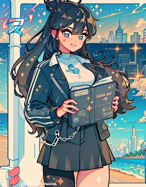 1adult woman, black hair, long hair, hair bun, teacher uniform, skirt, jacket, big breasts, books, city beach, (detailed landscape:1.2), (dynamic_angle:1.2), (dynamic_pose:1.2), ( master part:1.2) ), (best quality, extremely high quality), (ultra detailed)...