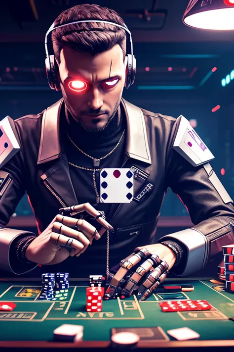 robot playing dice betting, cyberpunk