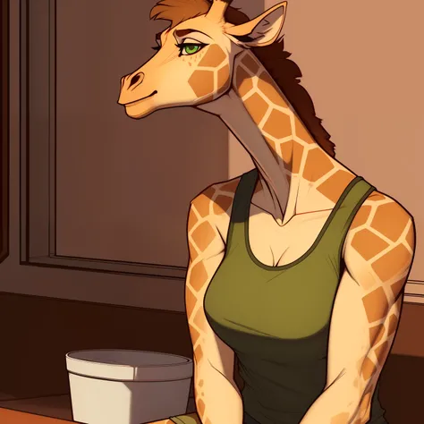 Very_Tall_Lanky_mature_giraffe female khaki_furry_body faded_green_eyes tank_top solo giraffe_snout Masterpiece best_quality absurdres highly_detailed cleanly_drawn_eyes anthro_only by_claweddrip, by_greasymojo, by_underscore-b, by_runawaystride