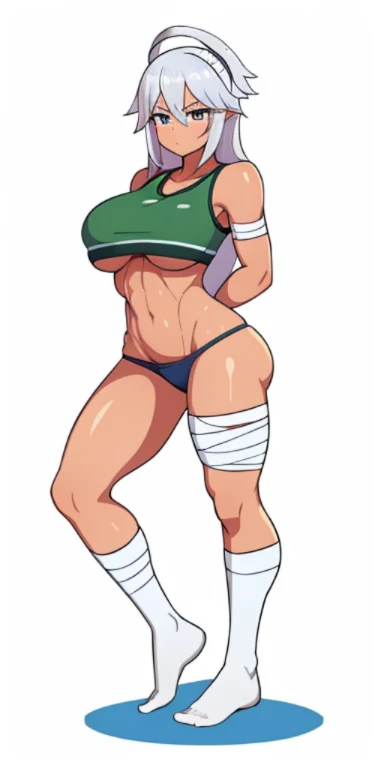 anime waifu fisiculturista, rosto bonito, olhos verdes, cicatriz no olho esquerdo e nariz, corpo perfeito, corpo em forma, olhando para a bola, flight, pulo no ar, hand open, pegando bola no ar, abdomen, seios grandes, musculoso, ((cabelo) longo e loiro), ...