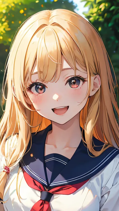 joyful,a park,​masterpiece,Top image quality,hight resolution,Mabayashi Kitagawa,,Beautiful fece,blonde  hair,long hair down to the back,summer sailor uniform,red tie、girl with、black eyes、Tsurime girl,Very smiling and open mouth、Narrowed eyes、face close-up