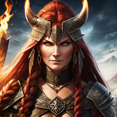 Berserker, Barbarian mature woman,  Arte de Fantasia, of his gaze alone enemies beginning to panic, one head, devilish smile, besta do inferno, demonio, White Fire Sky, guerreira, com foice e escudo, lindo, mature womans, Werelion, Long red braided hair, o...