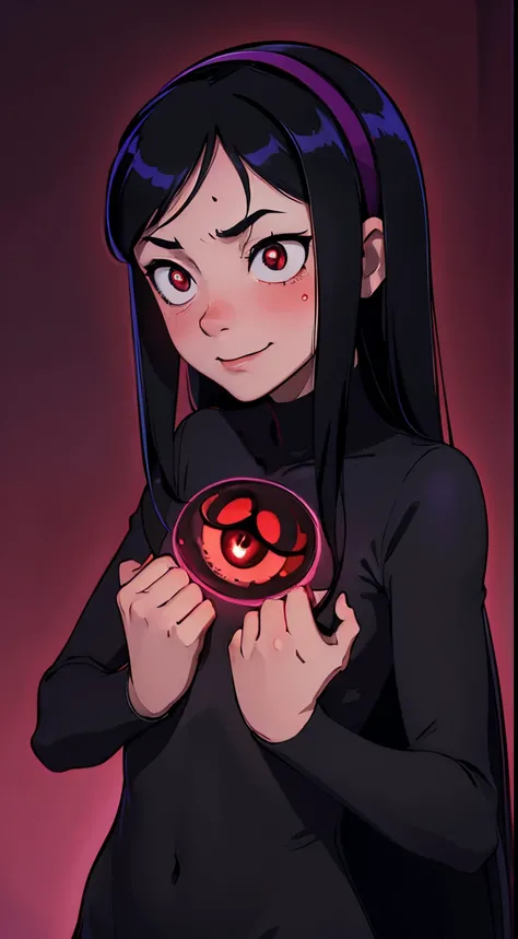 (((masterpiece))), HD 4k res image, no blur, Violet Parr possessed by perverted spirit, horror theme, in a dark laboratory, night, evil sinister smile, happy, glowing evil red eyes, seductive pose, long black hair, hairband, slender Lolicon body, small bre...