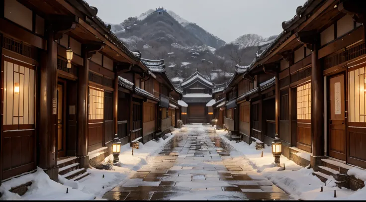 There&#39;s a narrow alley where it snows, traditional korean city, korean traditional palace, traditional korean interior, Song inspired by Kim Hong-do, Epic spacious courtyard, Rainy gloomy atmosphere, inspired by Byeon Sang-byeok, rainy scene, Quiet and...