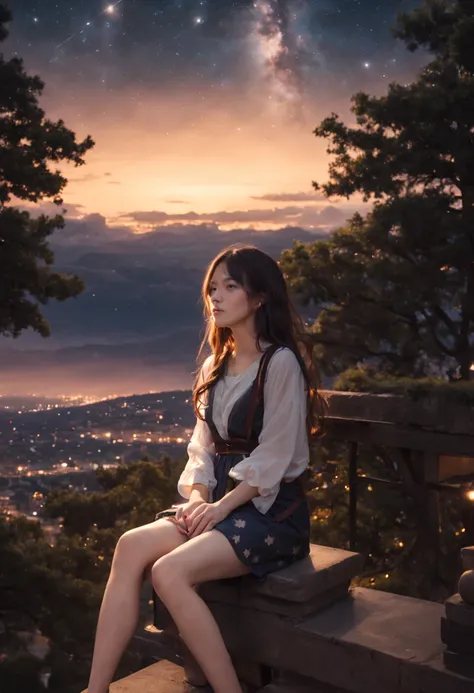 octans, sky, star (sky), scenery, starry sky, night, 1girl, night sky, solo, outdoors, building, cloud, milky way, sitting, tree...