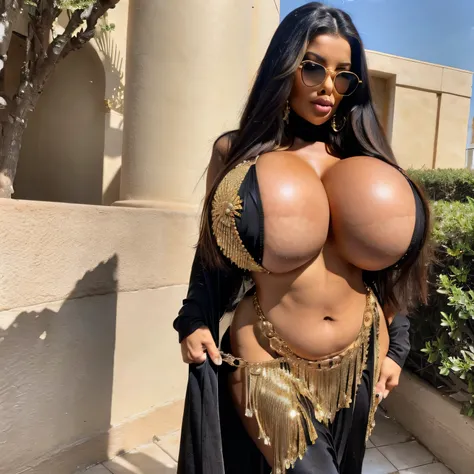 arab middle eastern milf, belly dancer, open belly, bbw, gigantic breasts, curvy, thick, big wide hips, black hijab, slim waist, sun glasses, on the oasis, strong eyebrow, big lips, golden jewelrys, sun light, beauty marks, micro bikini,