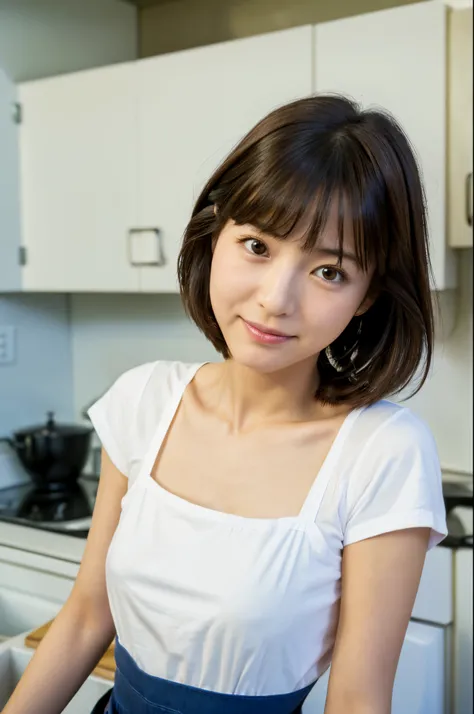 (High reality photograph, high resolusion, detailed face, detailed eyes) Skinny Japanese lady, 30 years old, cute face, various hair style, skinny figure, medium breasts, very thin waist, in a kitchen,wearing white T-shirt and apron, emphasizing breasts