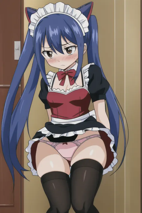 (((wendy))), fairy tail, anime art style, 1girl, solo, small_breasts, dressed, long_hair, (((looking away))), ((shy, taking off panties)), embarrassed, maid outfit, hair_ornament, blushing, hair_between_eyes, twintails, brown_eyes, ((dark_blue_hair)), paro...