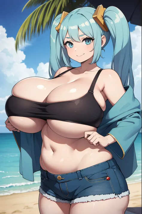 (masterpiece, official art), 1girls, solo, shortstackBT, shortstack, thick, curvy, curvaceous, plump, goddess, light blue hair, dark sunglasses on head, long hair, sona buvelle, twintails, hair ornament, (crop top, underboob, denim shorts, navel), (closeup...