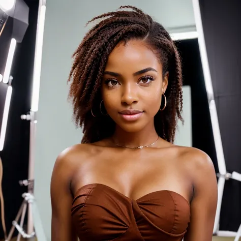 beautiful African Portuguese woman with really cute eyes and a youthful warm facial expression ((detailed brown eyes)) ((detailed heart shaped face)) she has nice brown hair and nice glowing skin((detailed skin)) ((lifelike skin)) she has a sharp nose with...