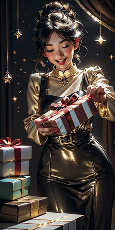 christmas girl, happy, gifts, sparkle particles, amazing theme