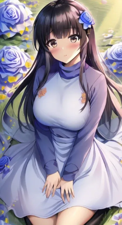 Miyuki,  1girl in, (masutepiece:1.2), (Best Quality:1.2), (Sharp Detail:1.2), (hight resolution:1.2), (rose flowers in blue flower field:1.3), plus size black sweater, White long skirt,brown short boots ，In the street