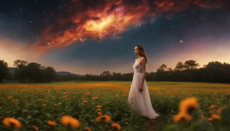 ((melhor qualidade)), ((master part)), Vasta foto de paisagem, (de baixo, The sky above and the open field below), a girl standing on a flower field looking up, (lua cheia: 1.2), (Meteoro: 0.9), (nebula: 1.3), Montanhas distantes, Trees BREAK Making Art, (...