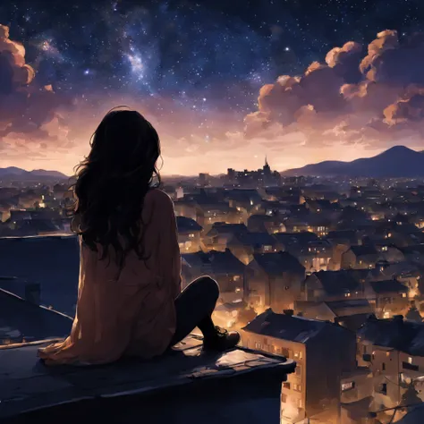 octans, sky, star (sky), scenery, starry sky, night, 1girl, night sky, solo, outdoors, building, cloud, milky way, sitting, tree...