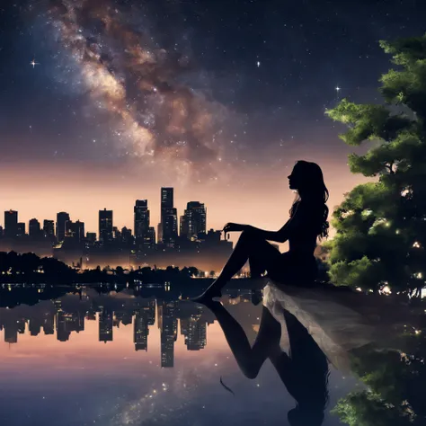 octans, sky, star (sky), scenery, starry sky, night, 1girl, night sky, solo, outdoors, building, cloud, milky way, sitting, tree...