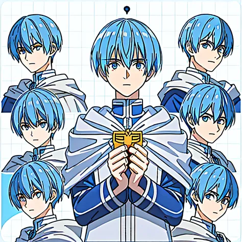 1man, ((himmel)), ((showing neck and above)), bowl cut hair, (blue eyes:1.3), blue hair, white cape, blue jacket, ((9 grid)), ((...