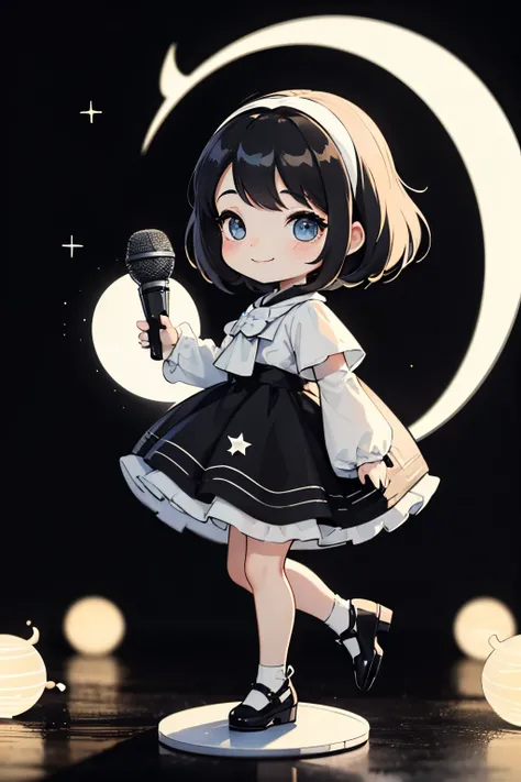 ((Monochrome Art、white and black))、 (Dynamic Pose), (The background is ruins:1.1）、Place one small doll on a circular stand、kawaii pose、A smile、A dark-haired、Chibi Doll、Stars in the eyes（kirakira）、Singing with microphone in hand、Eye Up、Laugh、Cute shoes、Ultr...