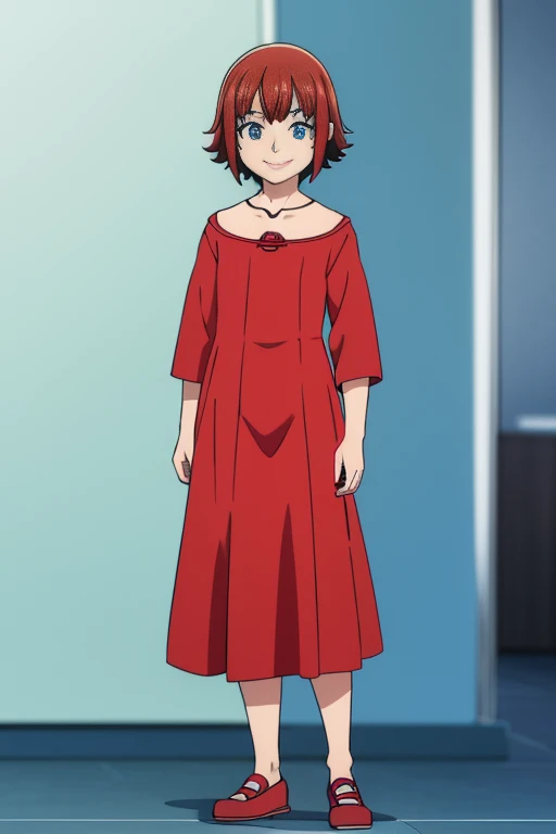 Personagem de olhos fechados sorrindo, vestido vermelho, personagem de frente, (((full body adolescente