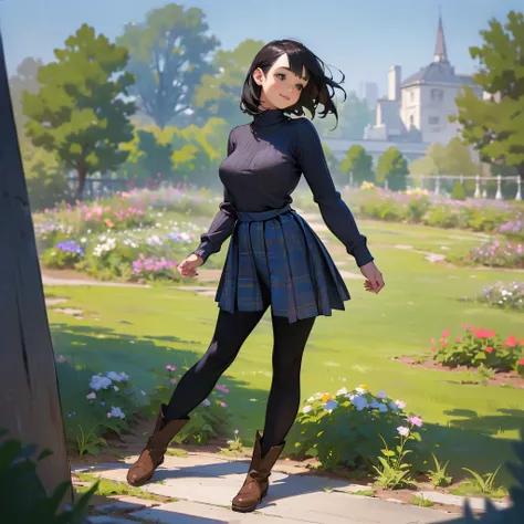 (High quality, High resolution, Ultra-detailed, Realistic:1.37), peaceful ambiance, (plein air, garden), Teenage girl standing alone, (My breasts are big.), Beautiful detailed features, Cute smile, (Black bob hair), Ribbed sweater, blue plaid skirt, Black ...