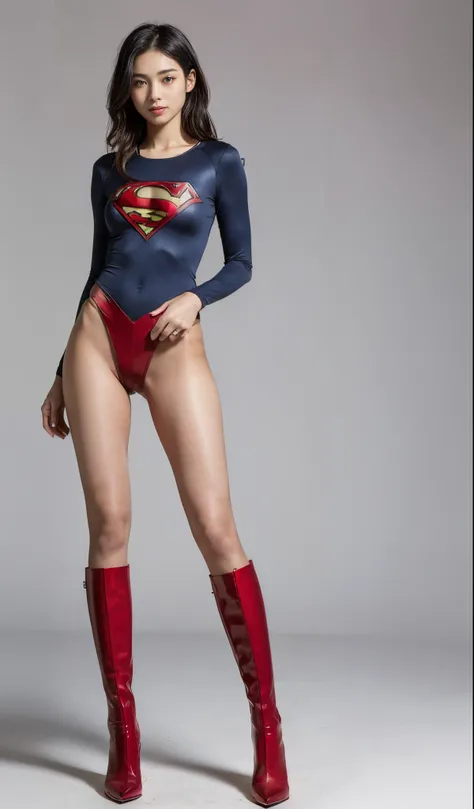 (((Wear black tights on your beautiful legs.)))、(((Grow legs、tall、Legally express the beauty of your smile)))、((((Make the most of the original image)))、(((Supergirl Costume)))、(((beautiful hairl)))、(((Suffering)))、(((Feet must necessarily be worn with bla...