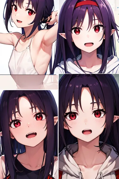 Yuuki Konno, Yuki Konno, shairband, Long hair, pointy ear, Purple hair, (Red Eyes:1.5), (Small breasts:1.2), Open mouth,
Purple Hoodie，White long skirt、Brown short boots take a break to look at the viewer, Upper body, Full body,
BREAK outdoors, 
BREAK (mas...