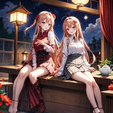 red blonde、red eyes、one good looking girl、独奏、animesque、lightly dressed、Plaid miniskirt、flower petals、sitting on、Black T-shirt、large tree、云、fullmoon、starrysky、Meteor swarm、Nonstar Castle railroad crossing、lantern、Gates of Hell、gatekeeper of craft、Circle of ...