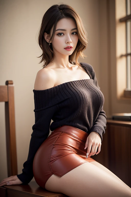 8K, Best Quality, masutepiece:1.2), (Photorealistic:1.4), Raw photo, Best Quality, 超A high resolution　a beauty girl　off-shoulder knit　Leather skirt　Beautiful butt　　cleavage of the breast　sitting on　Narrowed eyebrows