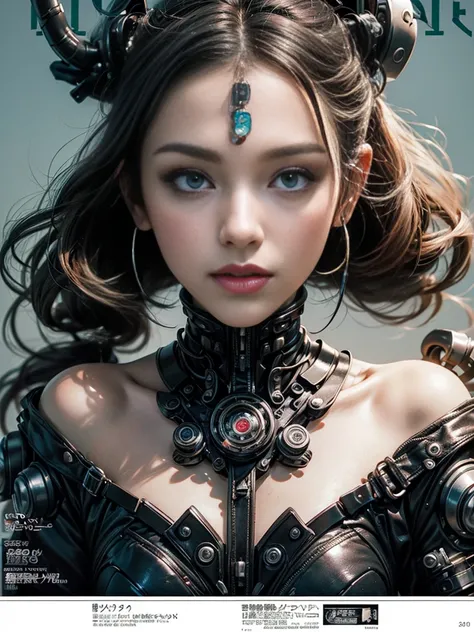 Flowing_contour biomechanical__cybernetic_airbrush___Strange__((Japanese Harajuku style Fashion_((Magazine_cover))__art_decor_Border))__porcelain_and_Platinum / Futuristic Cyberpunk woman with porcelain skin, cybernetic implants.