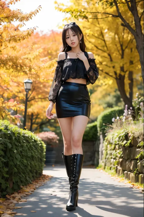 An Araffe woman in a black shirt and black skirt is walking down the street., korean womens fashion model, Wear a camisole and boots., Thighs and skirt, photo of slim girl model, In autumn, beautiful Korean girl, Full body cute girl, korean girl, In autumn...